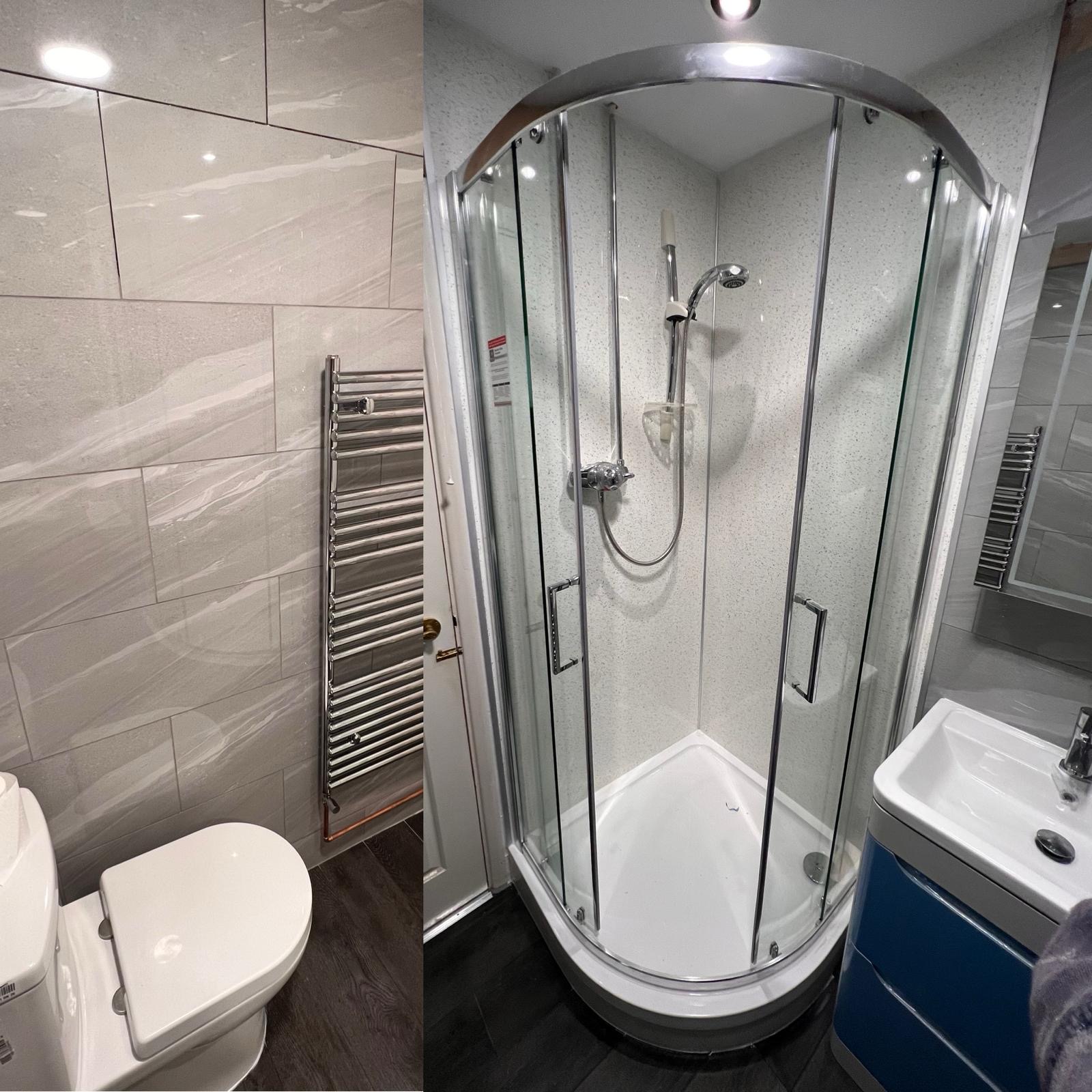 Two views of a finished shower room with a quadrant shower enclosure and chrome towel radiator
