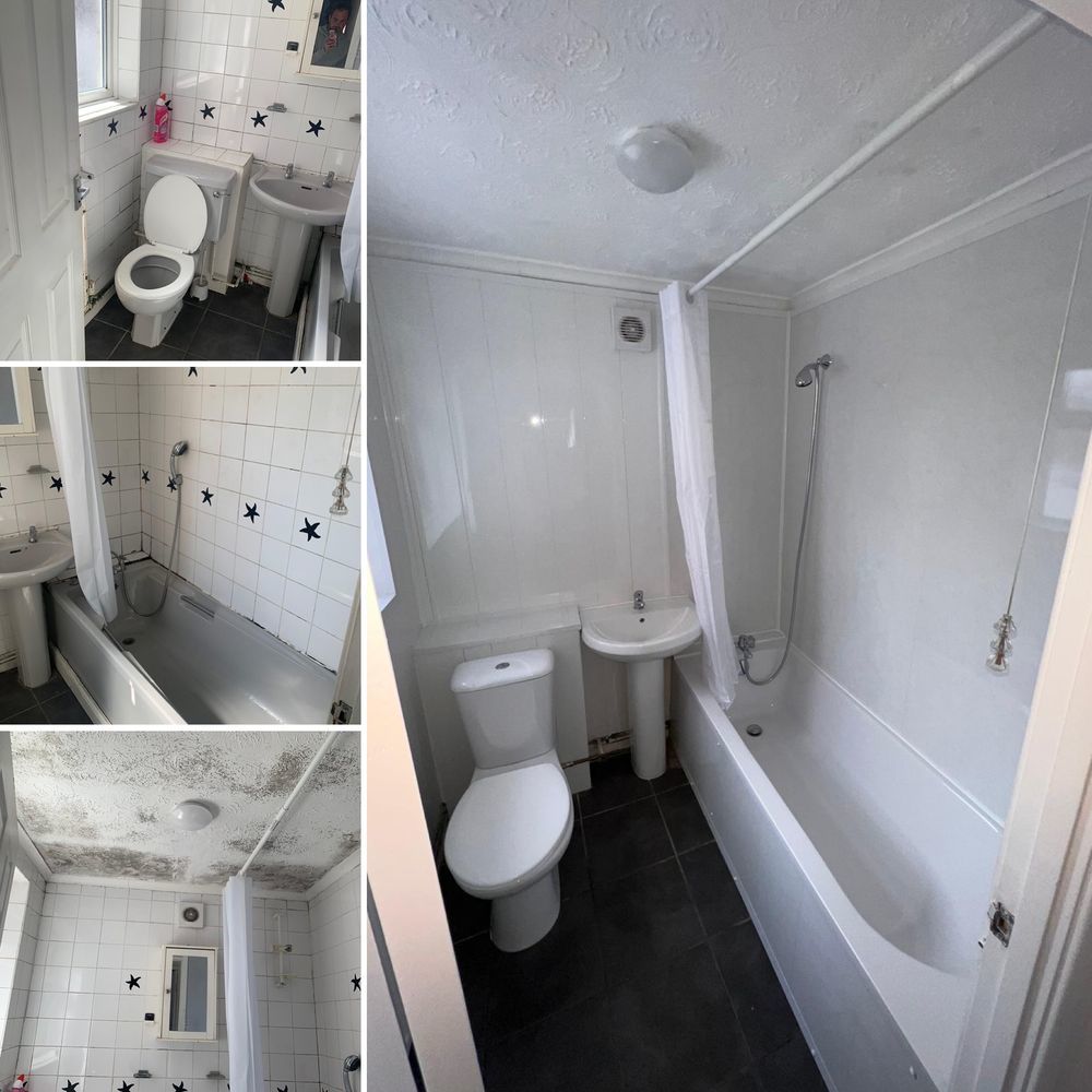 A bathroom before and after: a tired tiled bathroom with mould on the ceiling, then the finished white bathroom